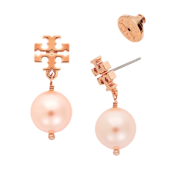 TORY BURCH • Rose Gold Pearl Drop Logo Earrings - Picture 3 of 6